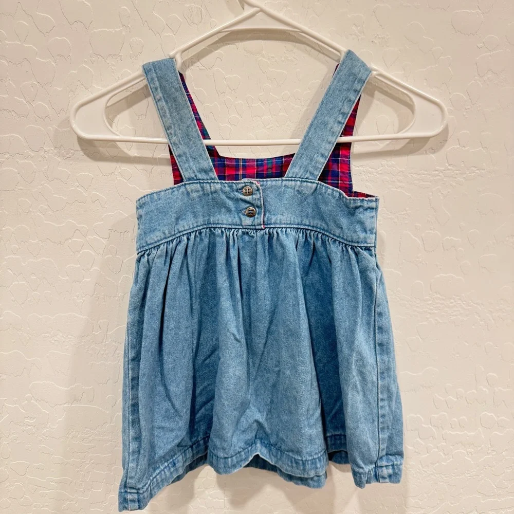 Vintage OshKosh B'gosh Blue Denim Overall Dress Gorls 3T Plaid Hearts Cotton